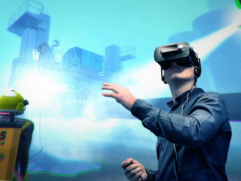 Man using VR and VR Diver is on the background