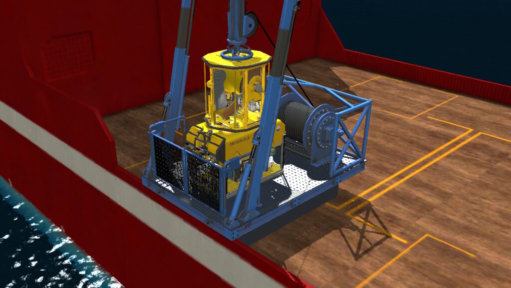 Launch and Recovery System (LARS) onboard a vessel in PaleBlue ROV Simulator