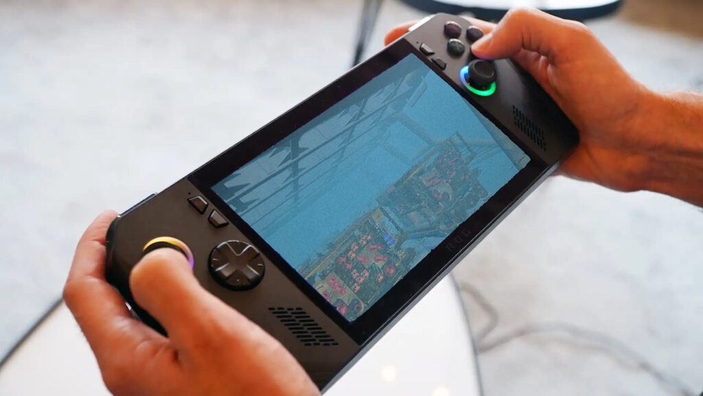 ASUS ROG Ally handheld console running PaleBlue ROV Simulator